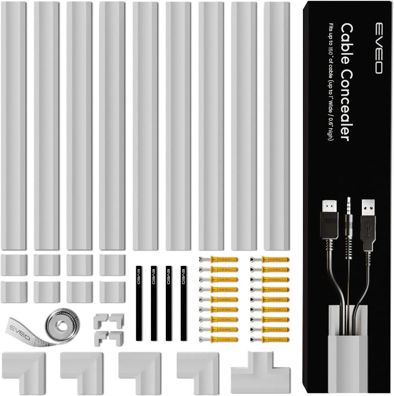 Photo 1 of 153” Cable Concealer - Cord Cover Wall - Paintable Cord Hider , Wire hiders for TV on Wall - Cable Management Cord Hider Wall Including Connectors & Adhesive Strips Cable Raceway - Grey