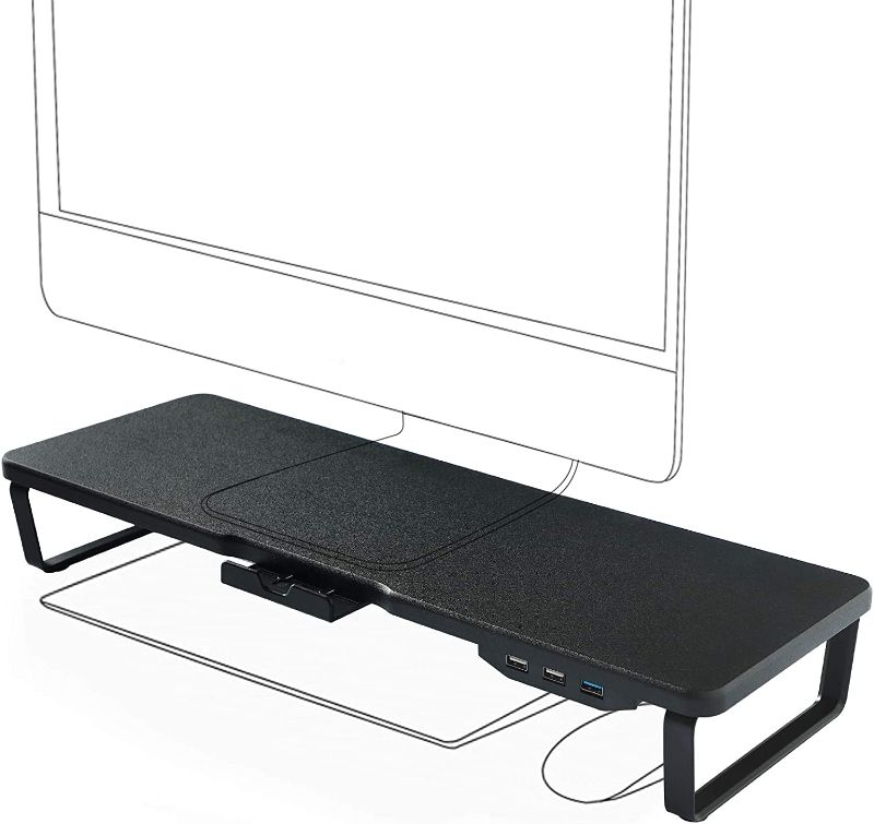 Photo 1 of BigTron USB 3.0 Port Aluminum Monitor Stand Metal Riser, Desktop Ergonomic Monitor Stand Riser with Phone Holder and Desk Organizer Used for Laptop, Computer (Black)
