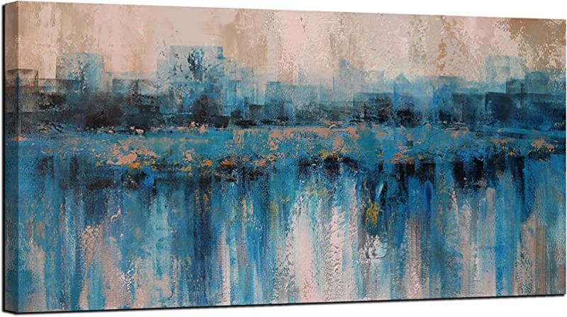 Photo 1 of Arjun Teal Abstract Wall Art Modern Blue Grey Picture Cityscape Textured Painting, Large Size Framed Artwork Prints Ready to Hang for Living Room Bedroom Bathroom Home Office Wall Decor, 40"x20"
