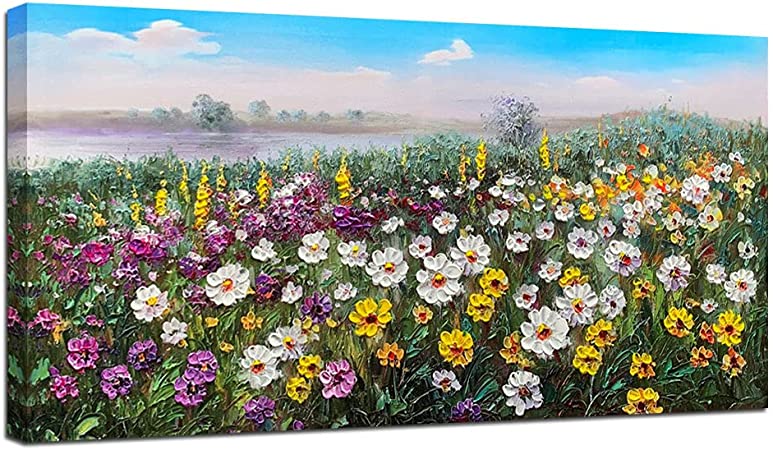 Photo 1 of Arjun Flowers Canvas Wall Art Landscape Painting, Modern Nature Wild Daisy Petal Hand Painted Picture Scene Artwork for Bedroom Living Room Bathroom Home Office Décor, Framed 40"x20" One Panel Large
