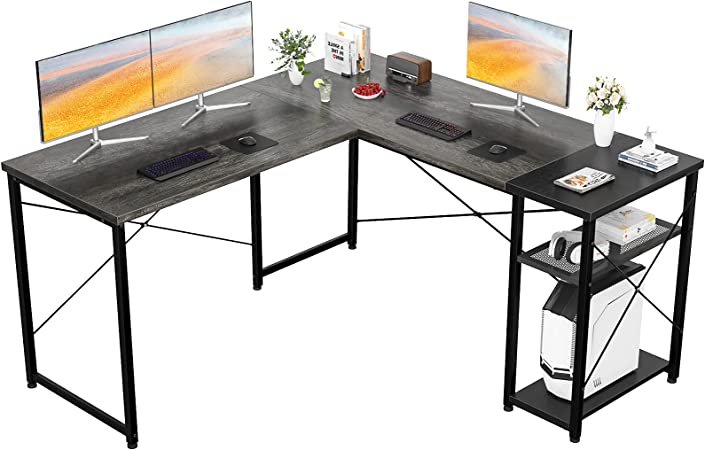 Photo 1 of Homfio L Shaped Desk Computer Office Desk with Shelves Corner Computer Desk Large Gaming Table Industrial Simple Desk Workstation for Home Office Study Writing Table, Black Oak and Black
