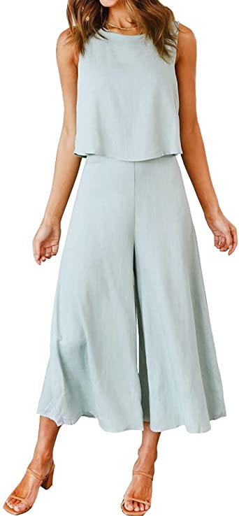Photo 1 of ROYLAMP Women's Summer 2 Piece Outfits Round Neck Crop Basic Top Cropped Wide Leg Pants Set Jumpsuits
MEDIUM