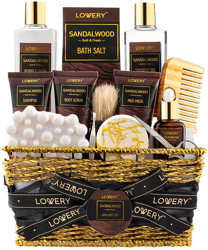 Photo 1 of Mens Gift Set, 14Pc Sandalwood Bath Gift Set, Personal Self Care Kit, Relaxing Man Gift Basket for Dad, Boyfriend, Husband - Birthday & Father’s Day Gift Basket, Grooming & Skin Care for Men
