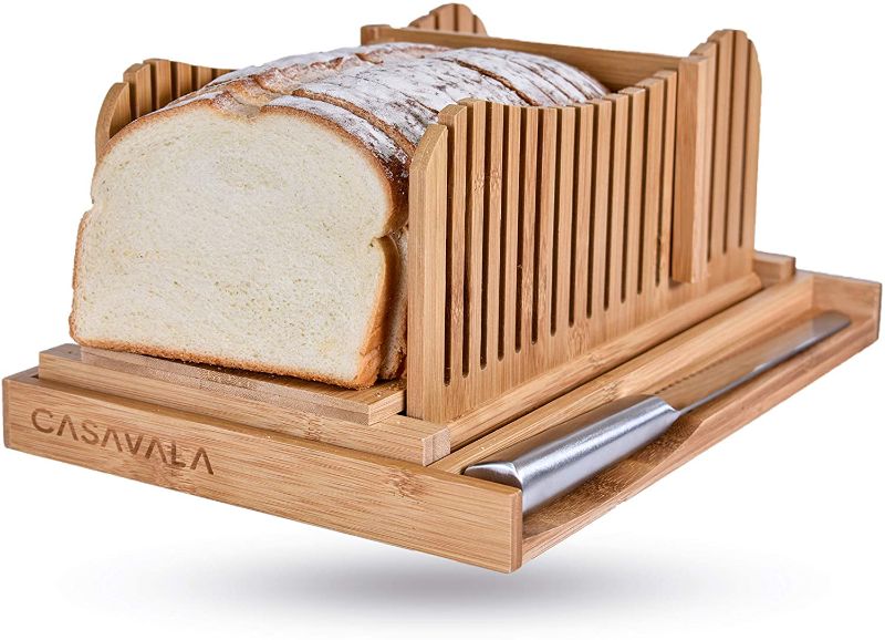 Photo 1 of Bamboo Bread Slicer | Bread Loaf Slicing Machine With Crumbs Tray | Easy To Use Foldable Bread Cutter
