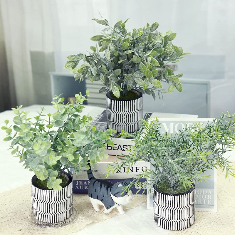 Photo 1 of 3 Pack Fake Plants in Striped Pattern Ceramic Pot for Home Decor,Mini Potted Artificial Eucalyptus Boxwood Plants Greenery for Home Office,Wall Shelf,Table,Bathroom,Modern Farmhouse Home Decoration
