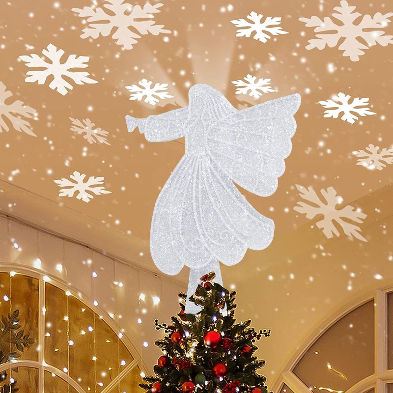 Photo 1 of Christmas Tree Topper, Angel Tree Topper, Christmas Tree Toppers with Rotating Snowflake Led Projector, Angel Christmas Tree Topper Lighted for Tree Toppers Christmas Decorations, White
