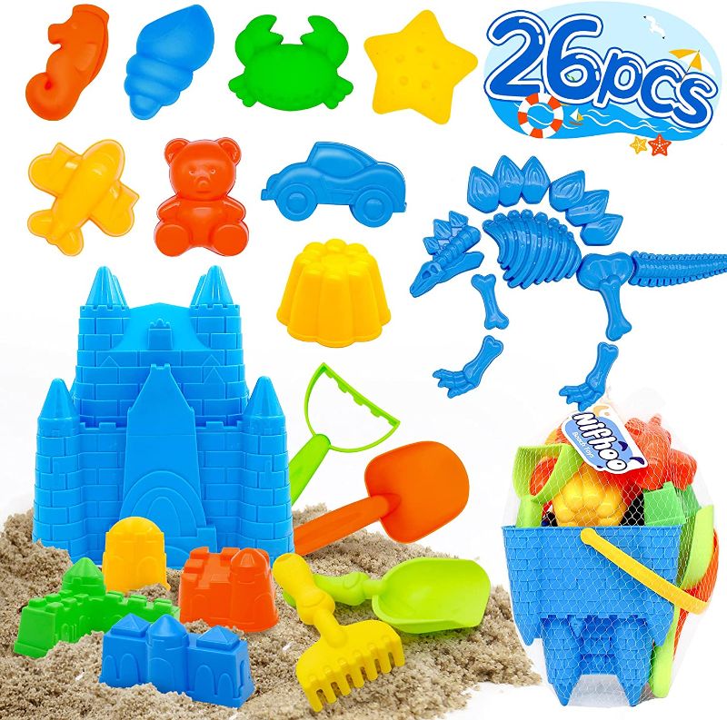 Photo 1 of Nifhoo 26 Pcs Beach Toys, Quality Sand Toy Set, Sand Molds Sandbox Toys Kit for Kids, Castle Bucket, Dinosaur, Shovels & Rakes, Animal Molds, for 3 4 5 Year Old Girls Boys Outdoor Indoor Play Gift.
