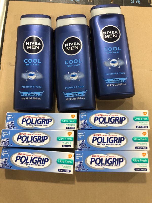 Photo 1 of 3 pack nivea men body wash 
6 pack poligrip toothpaist