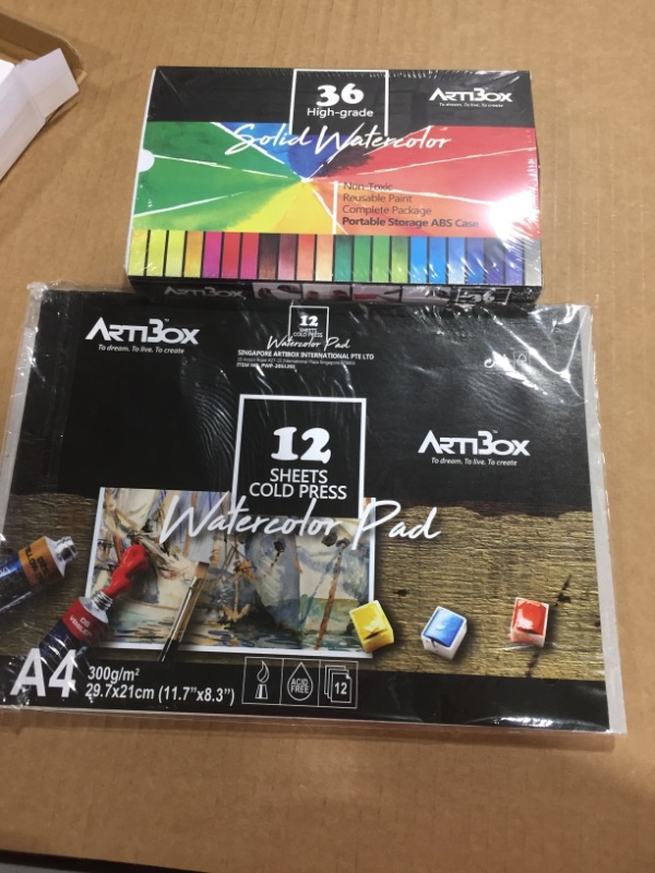 Photo 2 of 36 Watercolor Paint Set by Artibox - 2 Water Squeeze Brushes - 12 Watercolor Paper Sheet - Half Pans Colors - Art Supplies
