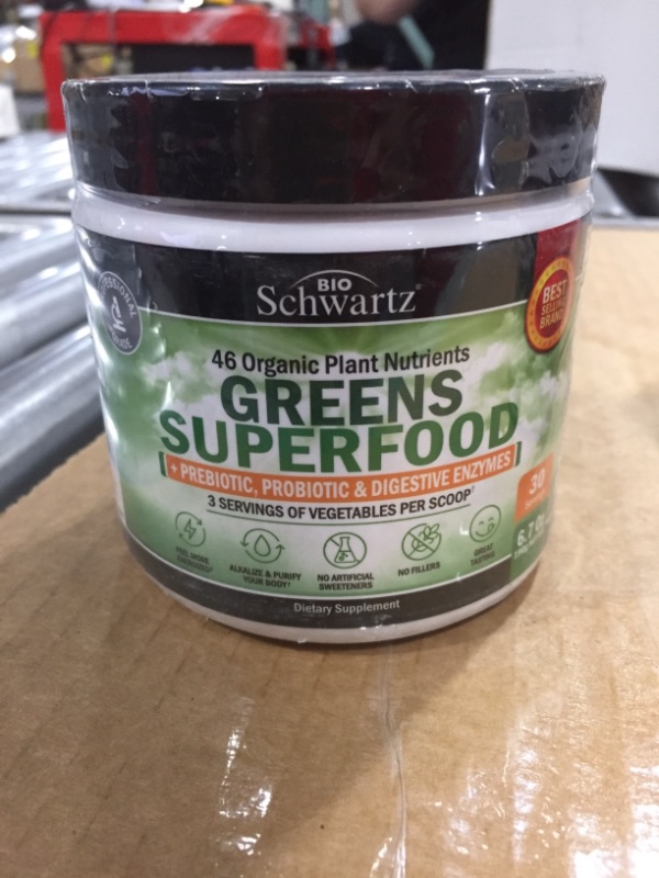 Photo 1 of Chlorophyll Rich Super Greens Organic Powder with Probiotics Prebiotics & Digestive Enzymes - 43+ Green Superfoods Alfalfa Bilberry Spirulina Chlorella - Dr Approved Keto Friendly Vegan Supplement