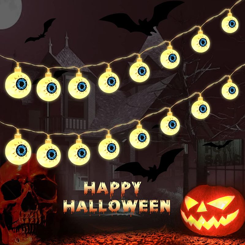 Photo 1 of 9.8FT 30LED Halloween String Lights, Eyeball Lights with Flashing/Steady on Mode, Halloween Decorations Lights Battery Operated for Indoor Outdoor Party Garden Yard Halloween Decor (Warm White)
