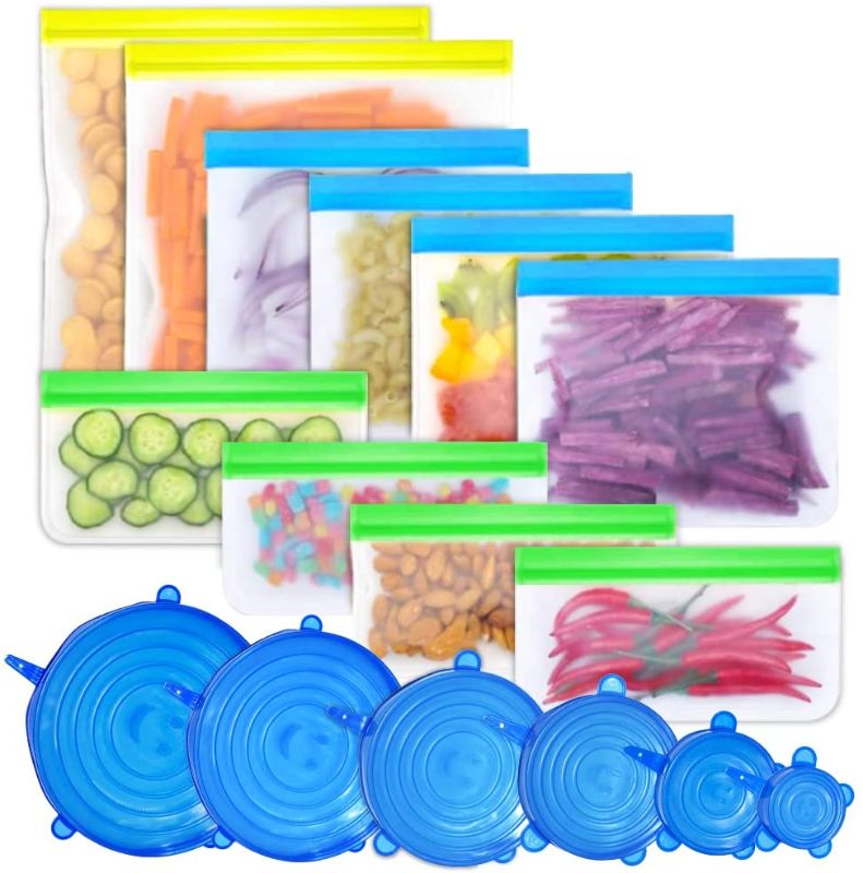 Photo 1 of 16pack BPA Free Reusable food storage Bags(4 Reusable Sandwich Bags + 4 Snack Bags +2 Reusable Gallon Bags+6 Silicone Stretch Lids), PEVA leakproof freezer bags for food
