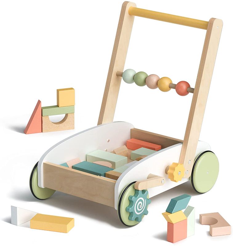 Photo 1 of ROBUD Wooden Baby Push Walker for Boy Girls, Baby Learning Walking Toys, with Wooden Building Block
