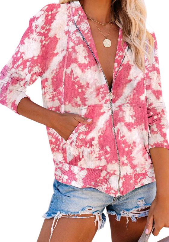 Photo 1 of Women Tie Dye Knit Active Hoodie Long Sleeves Zip Up Sweatshirt Top small
 