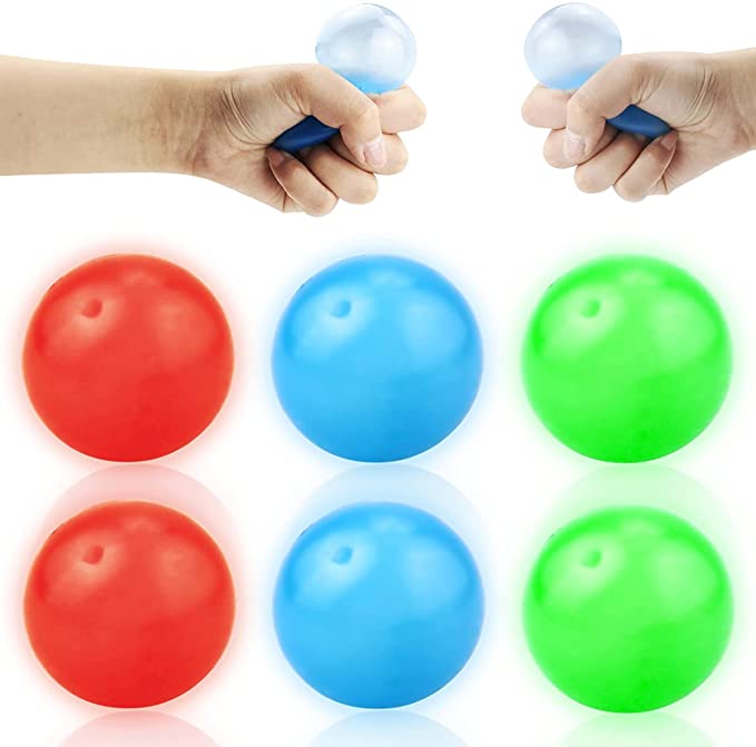 Photo 1 of Fansunta 6 Pack 2.4''(6cm) Washable Sticky Balls Gets Stuck on The Roof, Sticky Ball for Ceiling Glow in The Dark Stick to The Wall for Stress Relief(3 Colors, Water Fead Filled)
