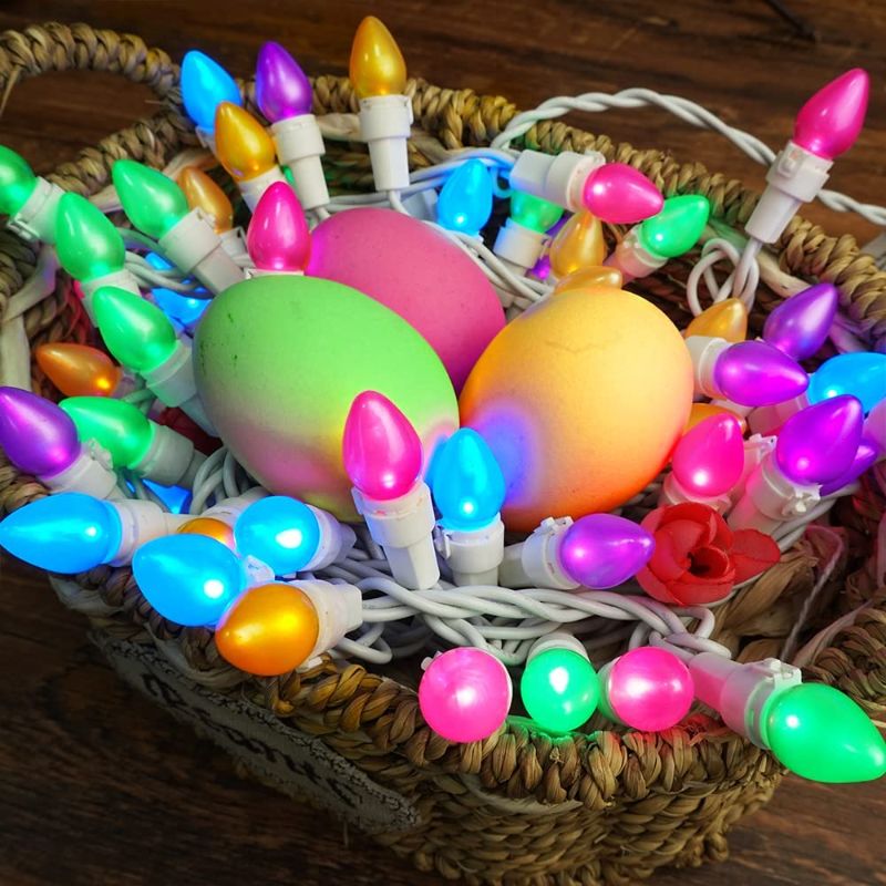 Photo 1 of BOHON Easter Decor 50 LED String Lights Multi Color Indoor Christmas Lights with White Wire for Bedroom Outdoor Patio Party Carnival Easter Decorations(C3 Glass Bulbs)
