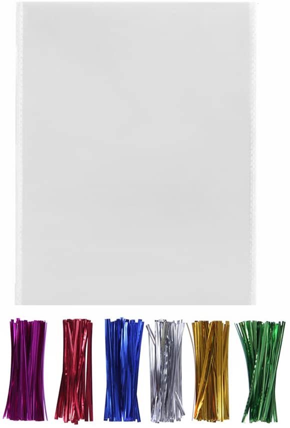 Photo 1 of 200 Clear Cello Bags 8x10 with Twist Ties 6 Mix Colors - 1.4mils Thick OPP Flat Party Favor Bags for Wedding Cookie Candy Buffet Supply (8'' x 10'')
