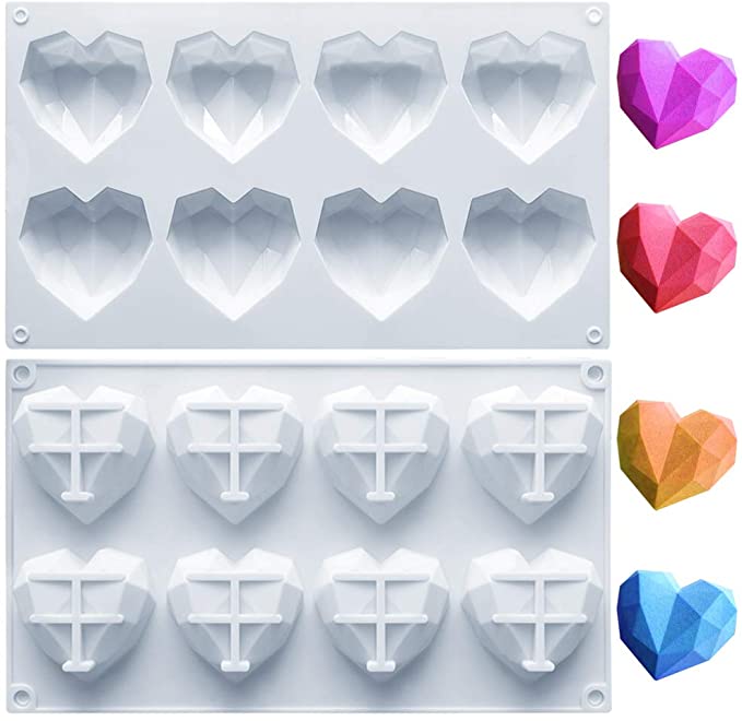 Photo 1 of Amurgo 1 Pack Diamond Heart Silicone Mold for Valentine's Day, 8 Cavities Non-stick Easy Release Heart Shaped Silicone Mold Tray for Ice Cube, Mousse Cake Dessert, Candy, Hot Chocolate Cocoa Bomb Mold
