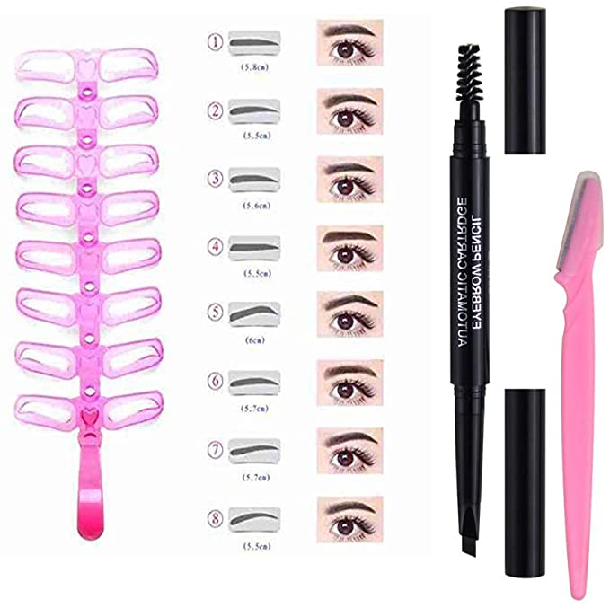 Photo 1 of Eyebrow Stencils, Eyebrow Template, Eyebrow Shaping Kit,8 Styles Reusable Eyebrow Stencil with Handle and Strap and 1pcs Eyebrow Pencil, Washable (8PCS, Coffee Pencil 01)
