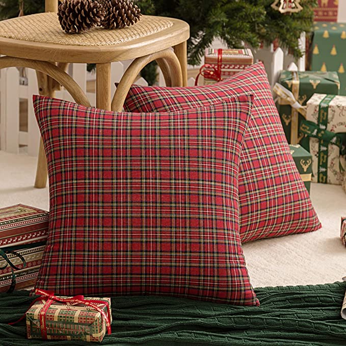 Photo 1 of AQOTHES 2 Pack Christmas Plaid Decorative Throw Pillow Covers Scottish Tartan Cushion Case for Farmhouse Home Holiday Decor Red and Green, 18 x 18 Inches
