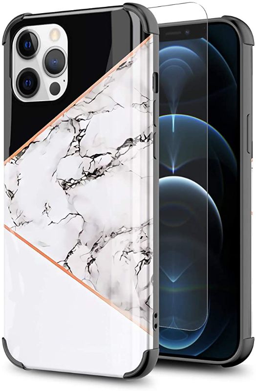 Photo 1 of 6 pack, GORGCASE Apple iPhone 12 Pro Max Case 6.7 Inch 2020 with Tempered Glass Screen Protector Scratch Resistant Shock Resistant Drop TPU Safety Airbag Cushion Cover for Girls Ladies Black White Marble
