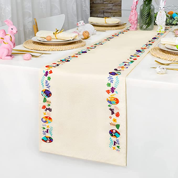 Photo 1 of BLOOMWIN Easter Table Runner 72 x 13 inches, Linen Easter Egg Table Runner Dresser Runner Easter Table Decorations for Home Dining Room Kitchen Farmhouse Party, Spring Rustic Table Runner
