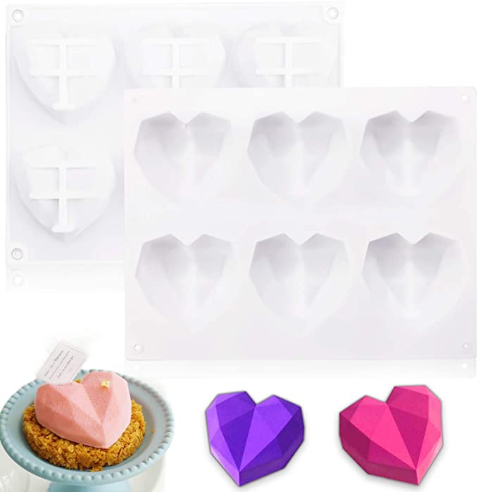 Photo 1 of 2 pack, Silicone Heart Molds,2 PCS Heart Silicone Mold 6 Cavities,Heart Shaped Silicone Mold,Chocolate Mold 3D Diamond Heart,Baking Mold Cake Mold Tray for Baking,Handmade Soap Mold Candy Making Set(White)
