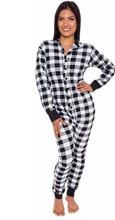 Photo 1 of Silver Lilly Buffalo Plaid Women's One Piece Pajamas - Adult Unisex Union Suit with Drop Seat Butt Flap - small