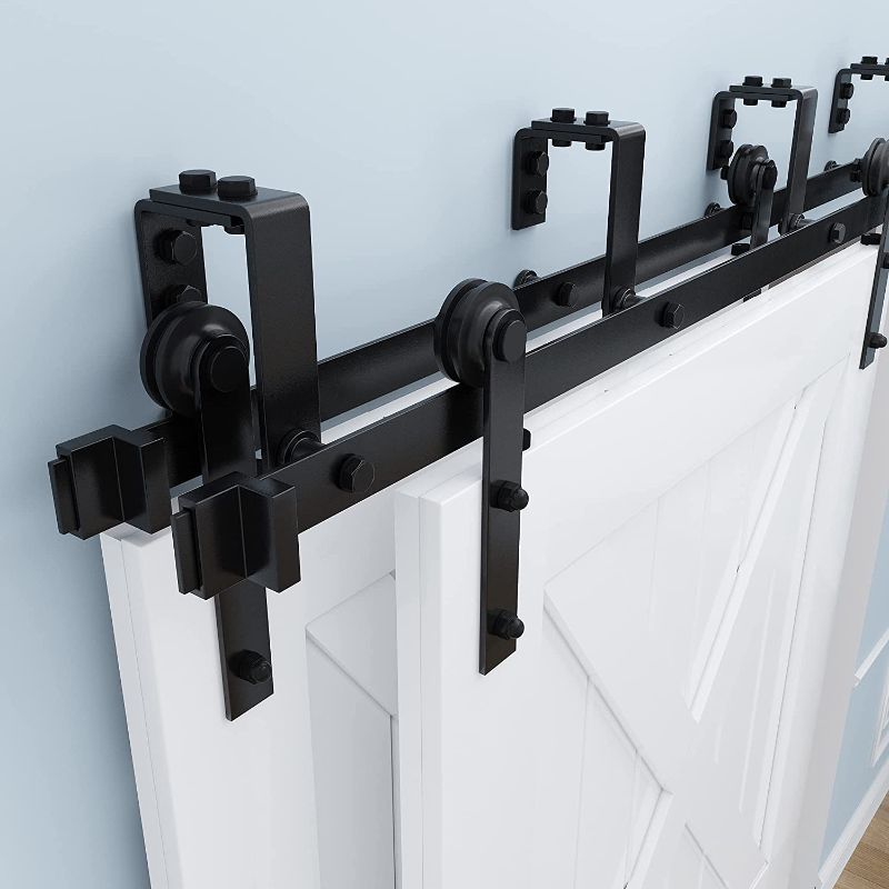 Photo 1 of ZEKOO Wood Double Sliding Barn Door Hardware Black Big Wheel Roller Kit, 10 feet.
