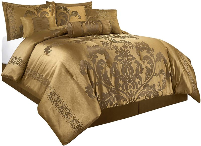 Photo 1 of Chezmoi Collection 7-Piece Jacquard Floral Comforter Set (California King, Gold)