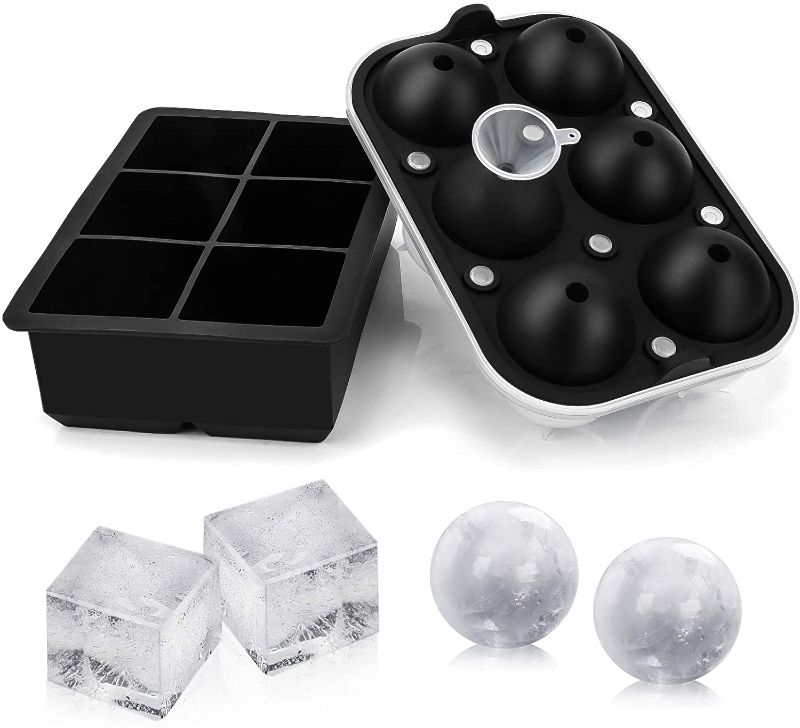 Photo 1 of Ticent Ice Cube Trays Ice-Ball-Molds (Set of 2) - Silicone Sphere Ice Ball Maker with Lid & Large Square Molds for Whiskey, Cocktail & Brandy