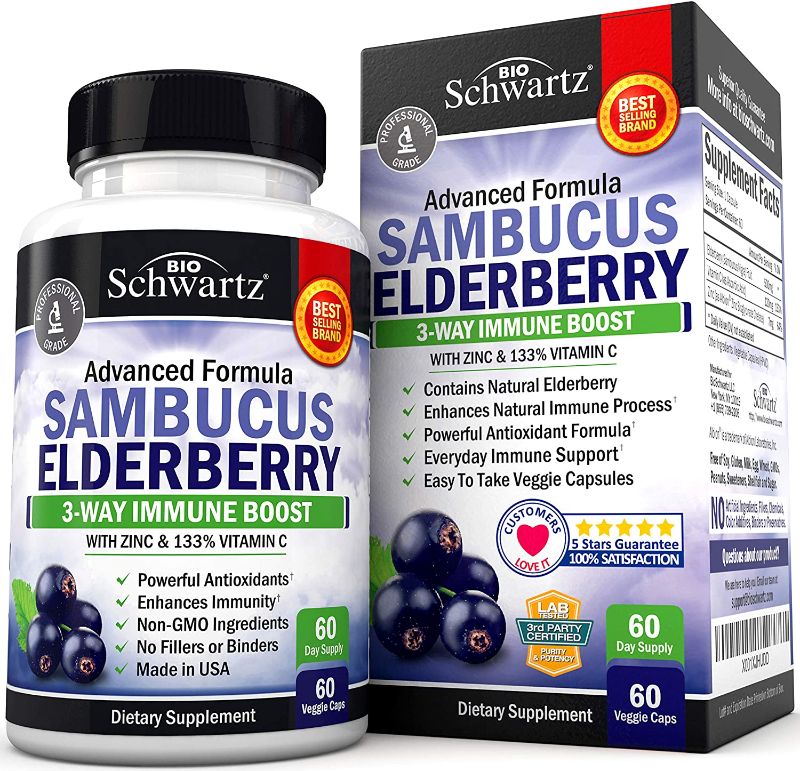 Photo 1 of Elderberry with Zinc and Vitamin C - Immune Support Vitamins for Women and Men - Bioschwartz Natural Elderberries Black Sambucus Capsules - Immune Defense Antioxidant Supplement for Adults - 60 Ct
