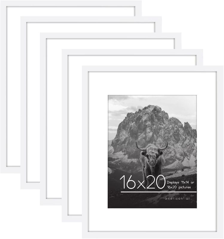 Photo 1 of Americanflat 16x20 Picture Frame in White - Displays 11x14 With Mat and 16x20 Without Mat - Set of 5 Frames with Sawtooth Hanging Hardware For Horizontal and Vertical Display