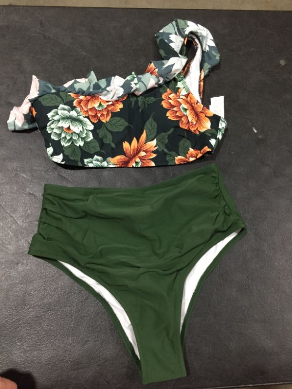 Photo 2 of Dark Green Floral One Shoulder Ruffle High Waisted Bikini L
