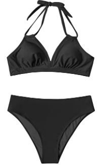 Photo 1 of CUPSHE Women Halter Bikini Set V Neck Sexy Backless Top Mid Rise Bottom Thin Straps Two Piece Swimsuit M
