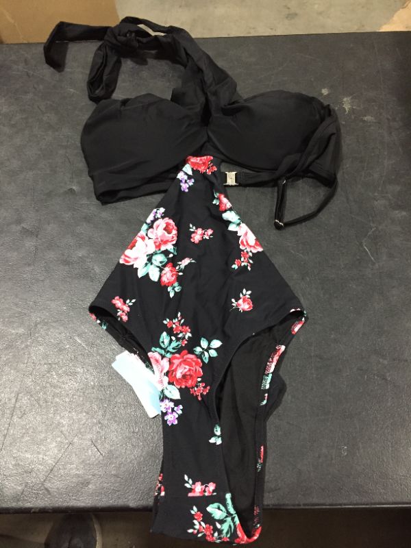 Photo 2 of Black And Floral Wrap Cutout One Piece Swimsuit XL
