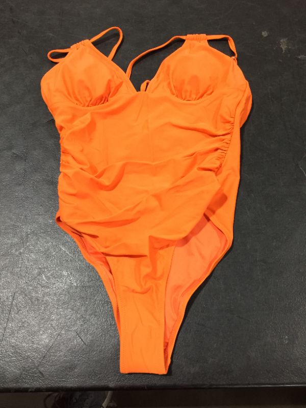 Photo 2 of Allie Orange Ruched Cut-Out Back One Piece Swimsuit L
