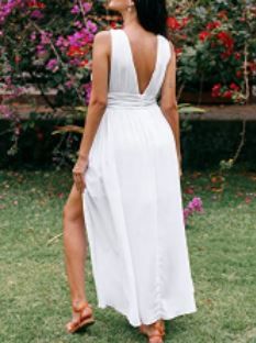 Photo 1 of CUPSHE Women's White Backless Split Maxi Dress Plunge Ruched Zipper M

