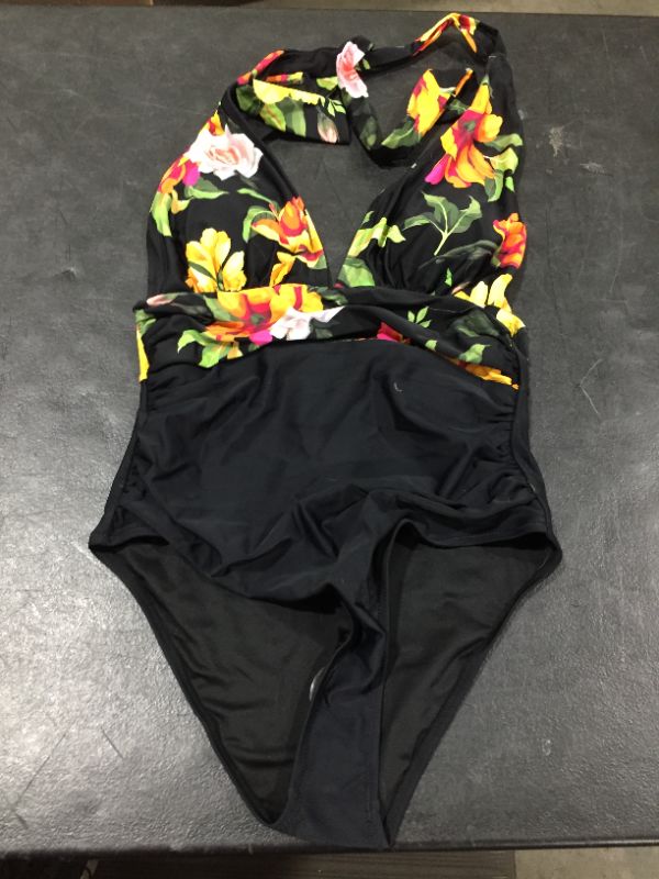 Photo 2 of Floral And Black Plunge Halter One Piece Swimsuit M
