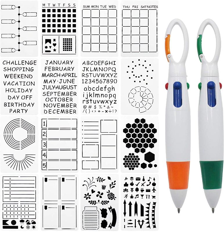 Photo 2 of LEAMEERY Journal Stencils Set, 16 Pieces A5 Planner Stencils with Two Colored Pens, Templates Planner for Journal Notebook, Diary, Scrapbook DIY
