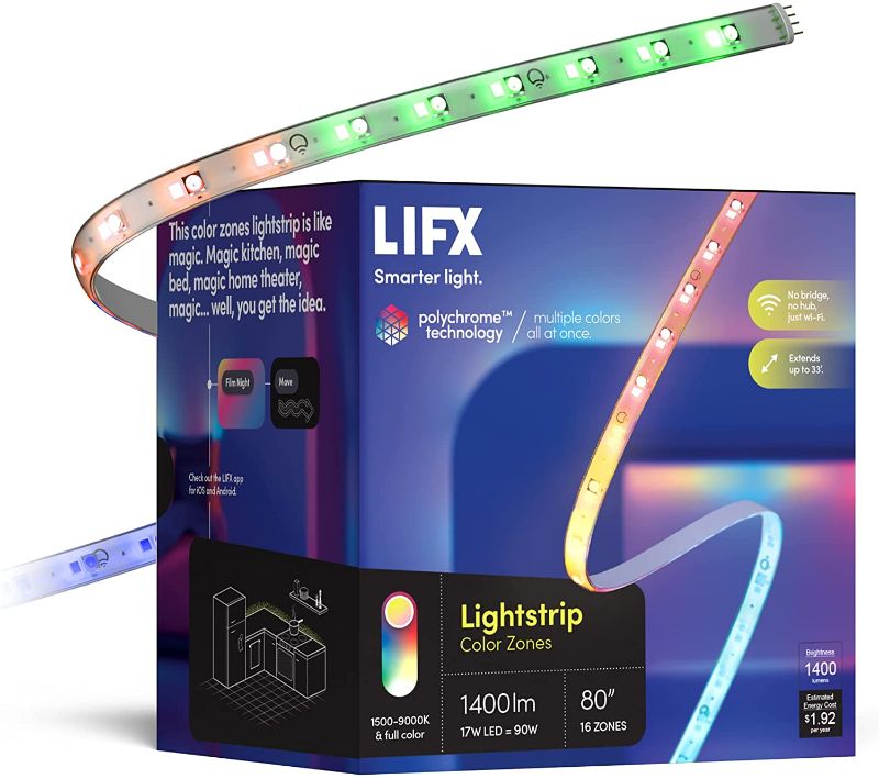 Photo 1 of LIFX Lightstrip, 6.6' Starter Kit, Wi-Fi Smart LED Light Strip, Full Color with Polychrome Technology™, No Bridge Required, Works with Alexa, Hey Google, HomeKit and Siri
