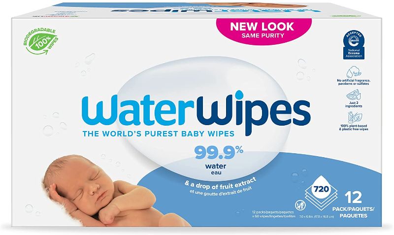 Photo 1 of WaterWipes Biodegradable Original Baby Wipes,?99.9% Water Based Wipes, Unscented & Hypoallergenic for Sensitive Skin, 720 Count (12 packs), Packaging May Vary
