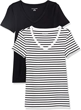 Photo 1 of Amazon Essentials Women's Slim-Fit Short-Sleeve V-Neck T-Shirt, Pack of 2 XS