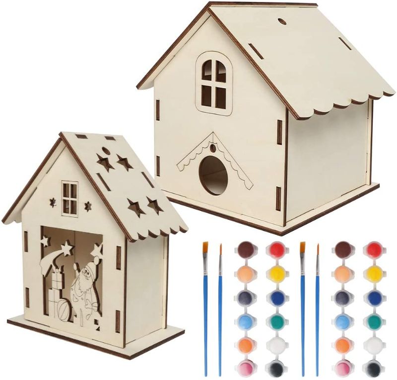 Photo 1 of CESHUMD DIY Bird House Kit for Kids, 2-Pack Bird House Kit with 12 Colors Paints & 2 Brushes,Wooden Handmade Arts for Girls Boys Age 3-12 Home Activities Decoration.