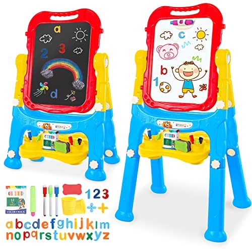 Photo 1 of Coodoo Easel for Kids, Double Sided Dry Erase Board and Chalkboard, Height Adjustable Drawing Board with Painting Accessories for Toddlers Boys and Girls
