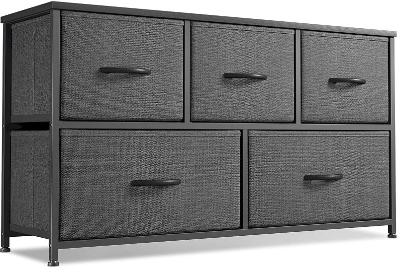 Photo 1 of Cubiker Dresser Storage Organizer, 5 Drawer Dresser Tower Unit for Bedroom Hallway Entryway Closets, Small Dresser Clothes Storage with Wide Sturdy Steel Frame Wood Top, Dark Grey
