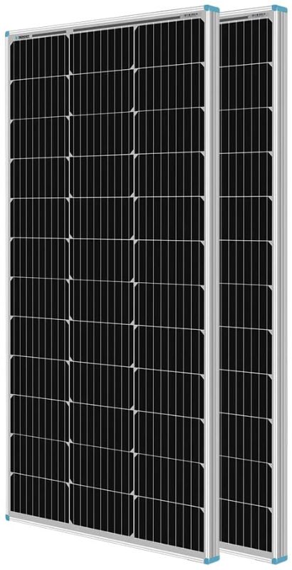 Photo 1 of Renogy 2PCS 100 Watt Solar Panels 12 Volt Monocrystalline, High-Efficiency Module PV Power Charger for RV Battery Boat Caravan and Other Off-Grid Applications, 2-Pack Compact Design