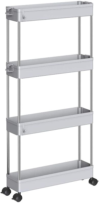 Photo 1 of SPACEKEEPER Storage Cart 4 Tier Slim Mobile Shelving Unit Organizer Slide Out Storage Rolling Utility Cart Tower Rack for Kitchen Bathroom Laundry Narrow Places, Plastic & Stainless Steel, Gray
