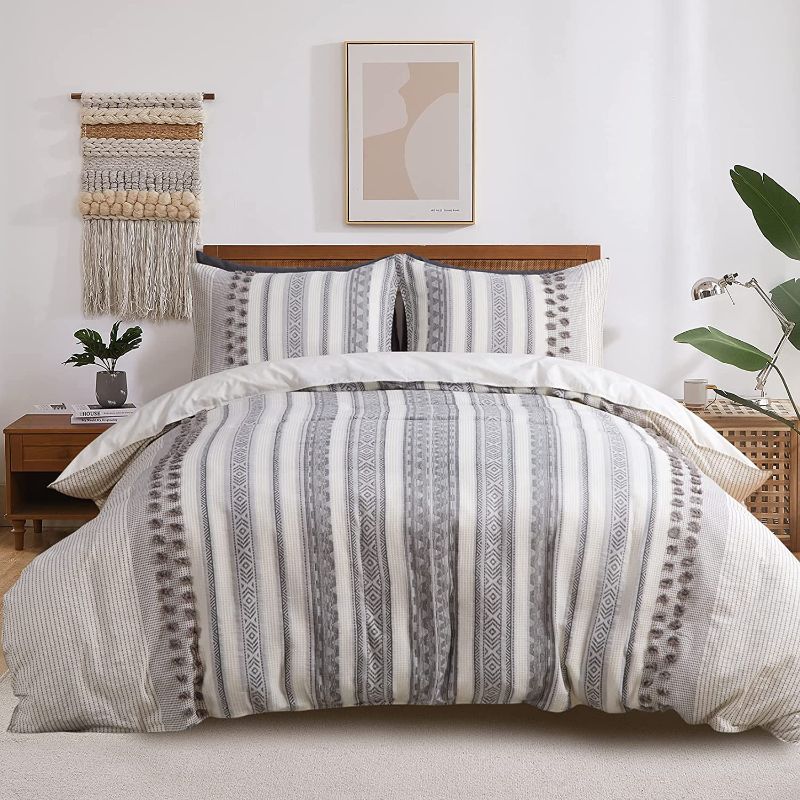 Photo 1 of CAROMIO Cotton Jacquard Duvet Cover Set King Size, 3 Pieces Boho Yarn-Dyed Geometric Textured Farmhouse Duvet Cover Set with Waffle and Tufted Dots, 104x92 Inch
