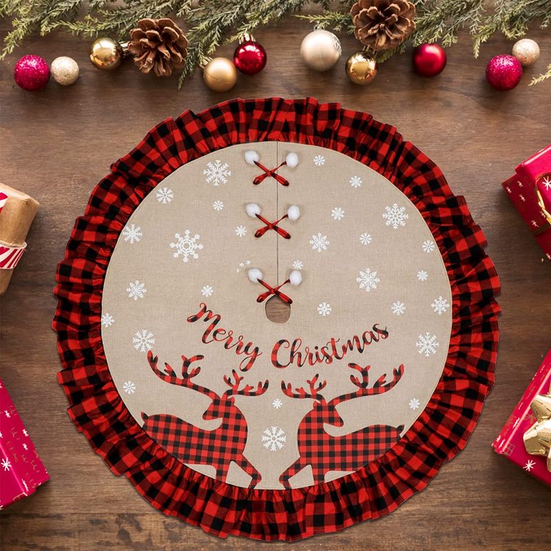 Photo 1 of AerWo Christmas Tree Skirt, 48 Inch Red and Black Buffalo Check Plaid Tree Skirt with Elk and Snowflake, Double Layers Burlap Xmas Tree Skirt for Rustic Christmas Holiday Decorations
